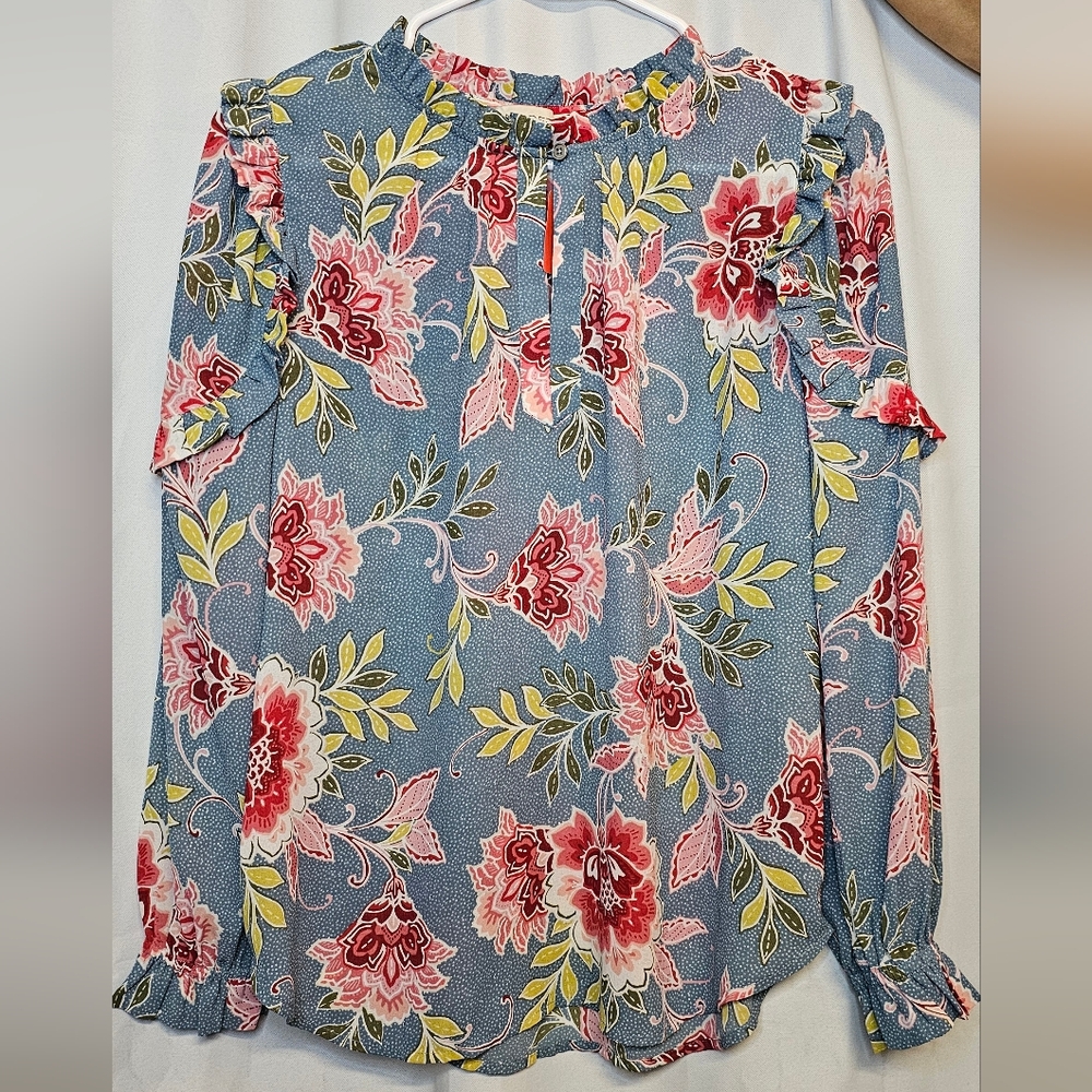 LOFT Blue and Red Floral Blouse
